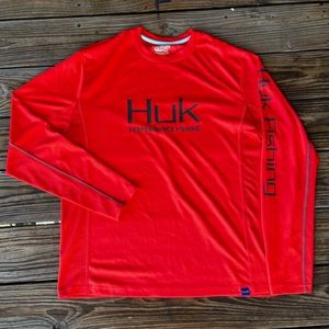 Men’s Huk Performance Fishing Lightweight Long Sleeve Orange T Shirt Size Large